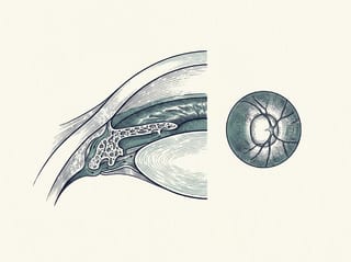 Anatomische Illustration: Kammerwinkel mit Trabekelwerk und Sehnervkopf mit vergrößerter Aushöhlung