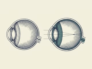 Anatomische Illustration: Vergleich eines normal geformten Auges mit einem verlängerten, kurzsichtigen Auge