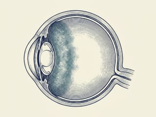 Anatomische Illustration: Auge mit Kunstlinse im Kapselsack und eingetrübter hinterer Kapsel